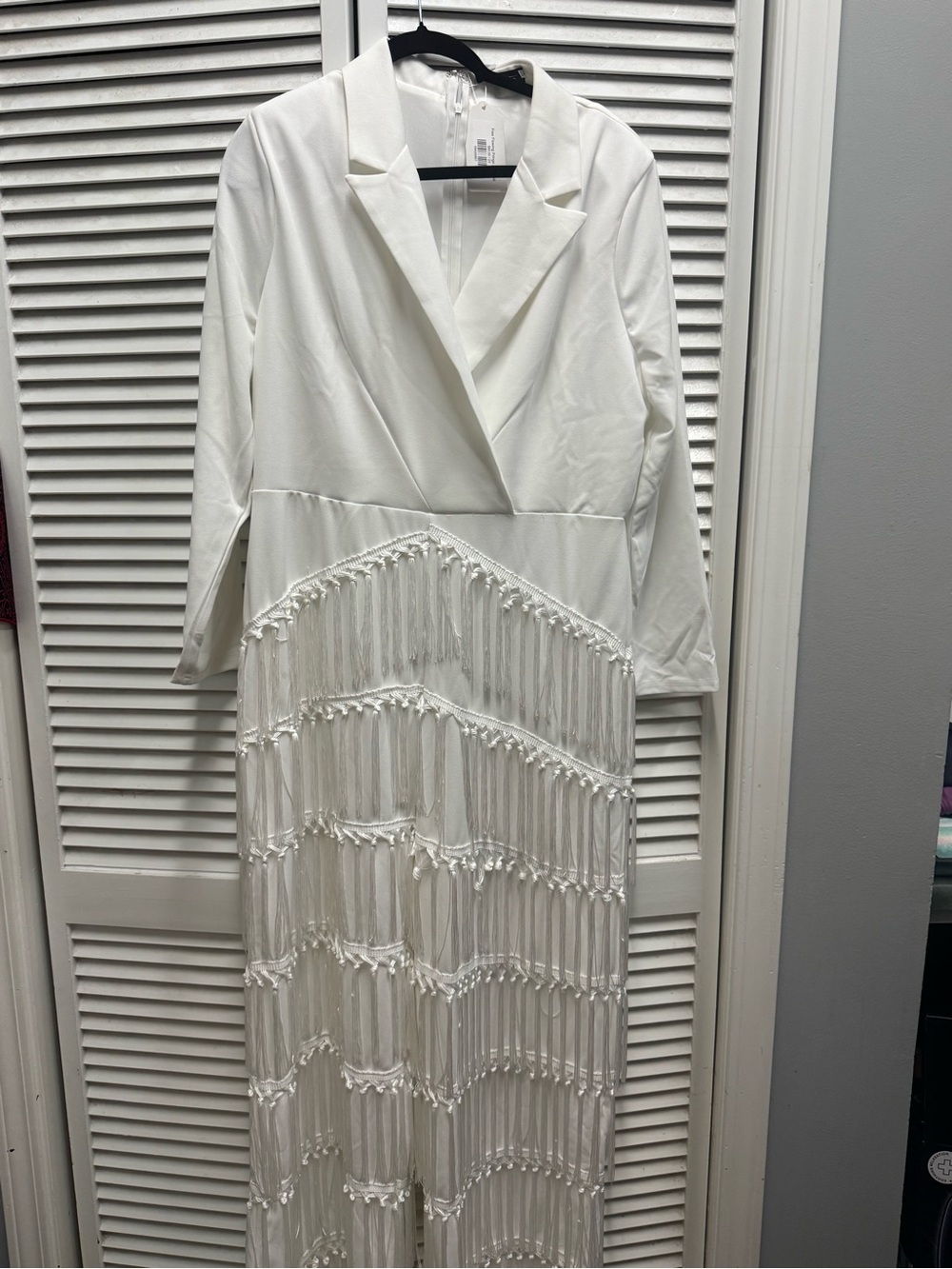 White Fringe Jumpsuit with Blazer Collar